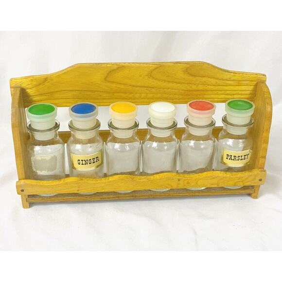 Vintage Norleans Yellow Wooden Spice Rack w Jars Bottles & Labels - Japan - Picture 3 of 8